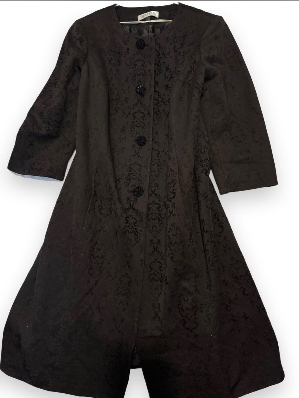Vintage Kasper Black Damask Jacquard Duster Coat Overcoat plus size 16W